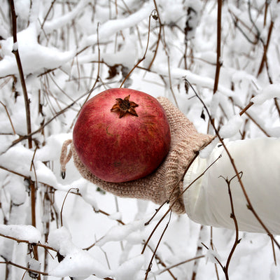 Hand in woven mitten holding a bright red Russian Pomegranate fruit in a snowy environment