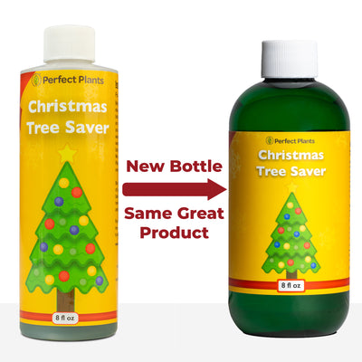 Two bottles of Perfect Plants Christmas Tree Saver with a yellow label and green tree graphic on a white background explaining new bottle, same great product