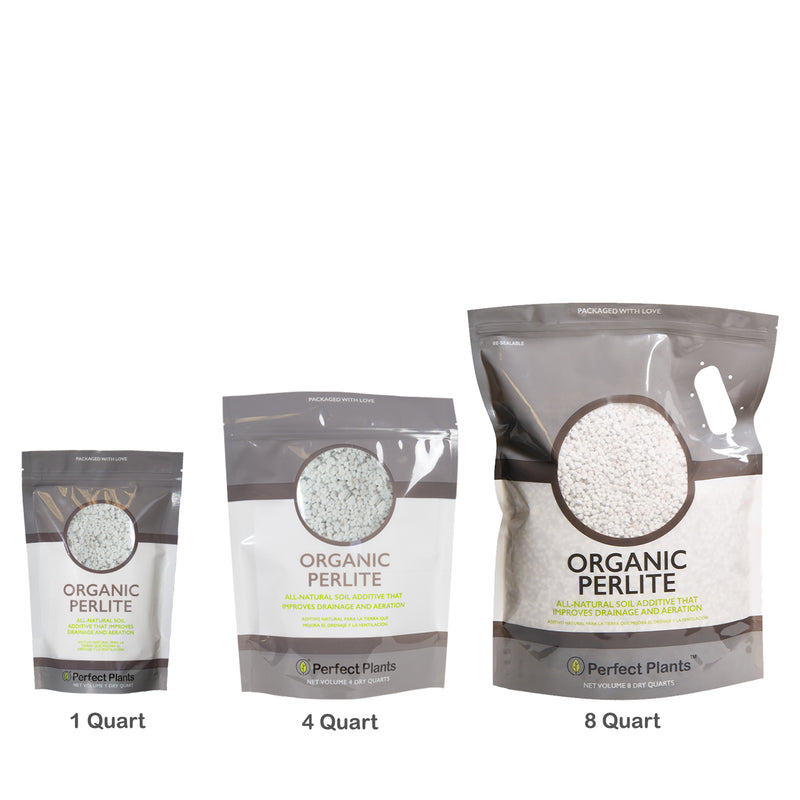 Organic Perlite potting soil amendment size comparison between 1 quart, 4 quart, and 8 quart
